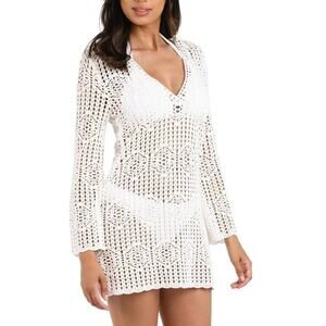 La Blanca Crochet Cover Up Size Medium V Neck Tunic in Ivory Beach NWT